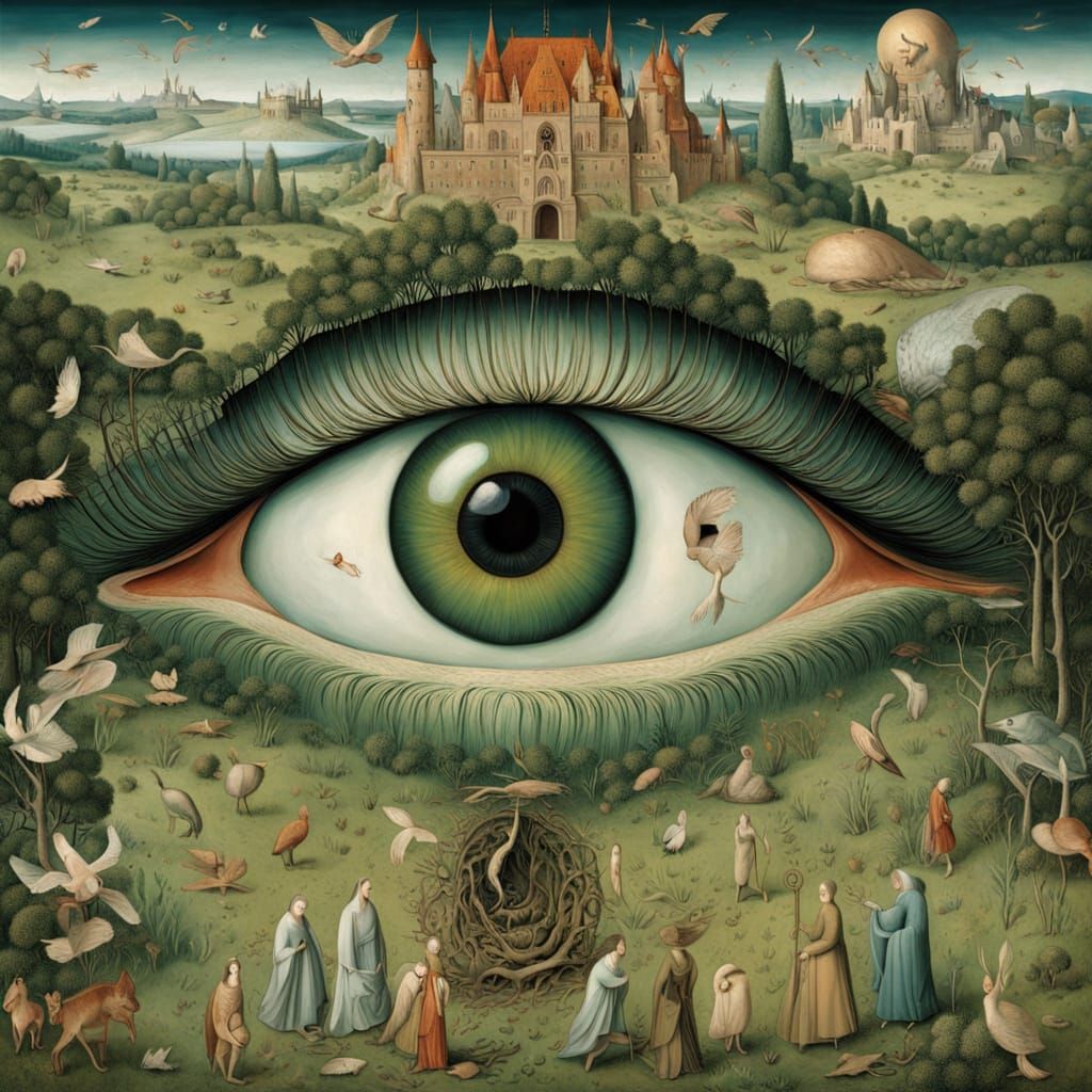 Surreal Microcosm Landscape Emerges from a Green Woman's Eye