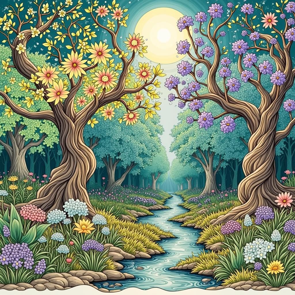 Mystical Art Nouveau Forest in Spring Colors