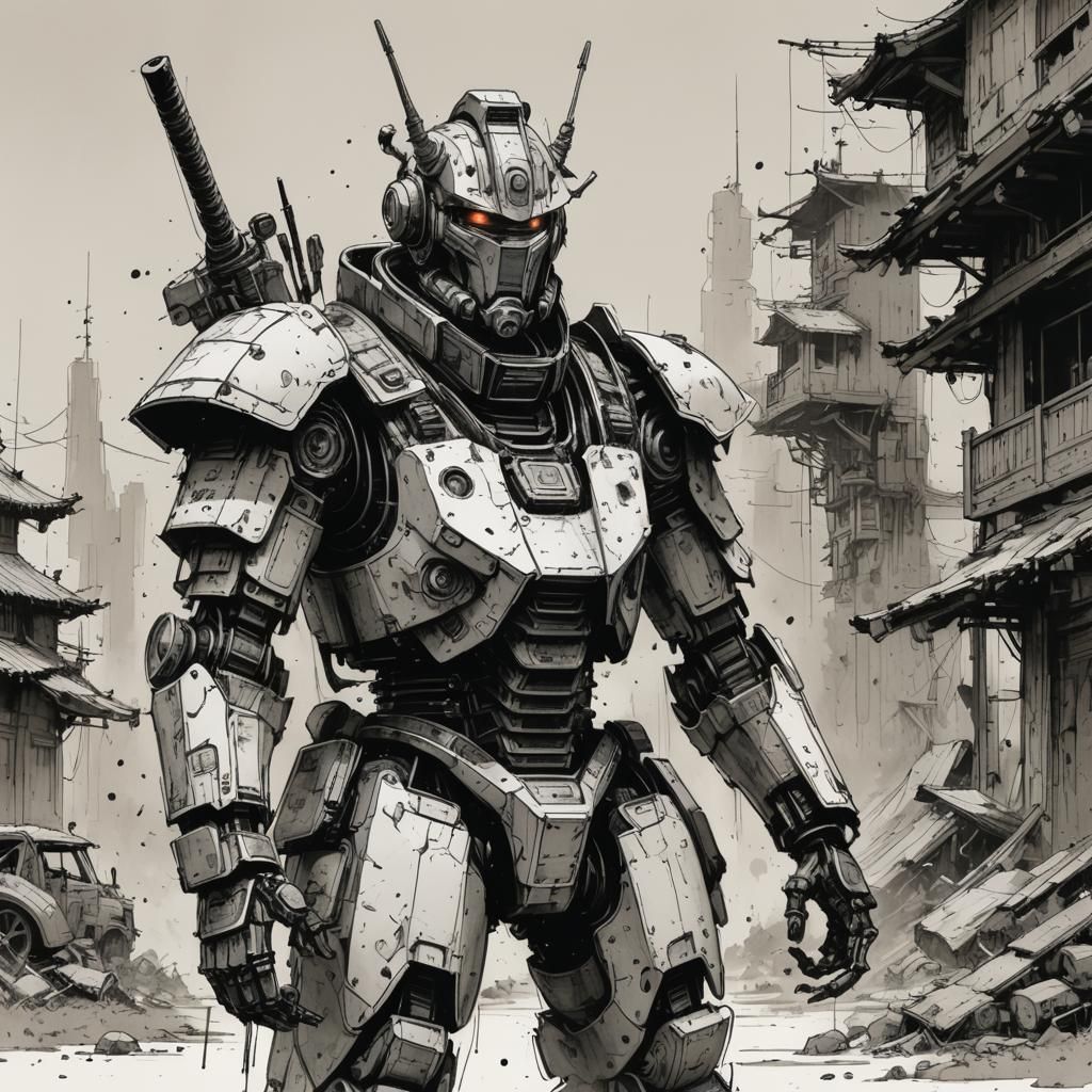 Robot Samurai: Whimsical Sketch in Gritty Style