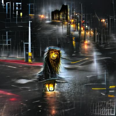 Lion Walking in Rainy City Street at Night