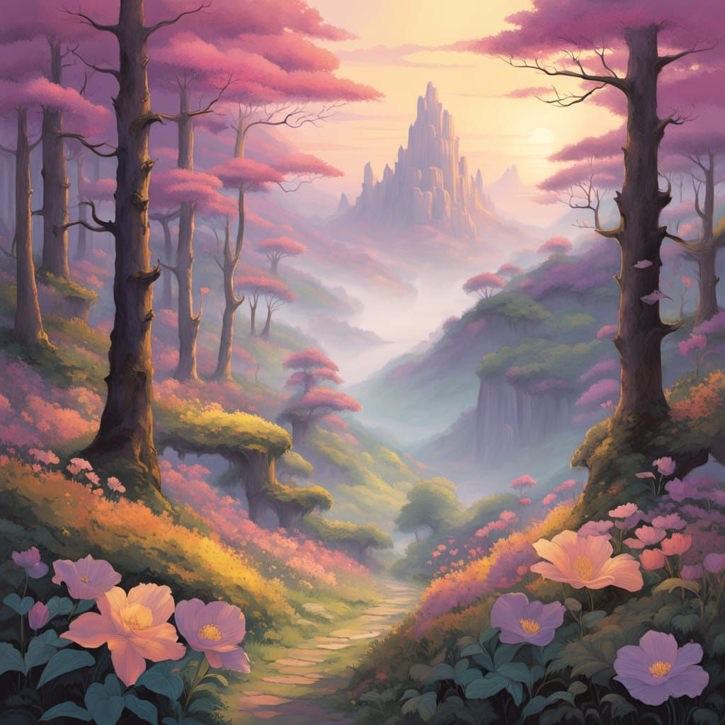 "Enchanted"
#FF69B4 (Hot Pink)
#FFDAB9 (Peach Puff)
#BA55D3 (Medium Orchid)
#FFFACD (Lemon Chiffon)
#9370DB (Medium Purp...