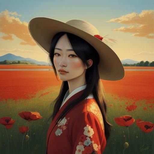 Woman in Red Dress: Japanese Style Oil Painting
