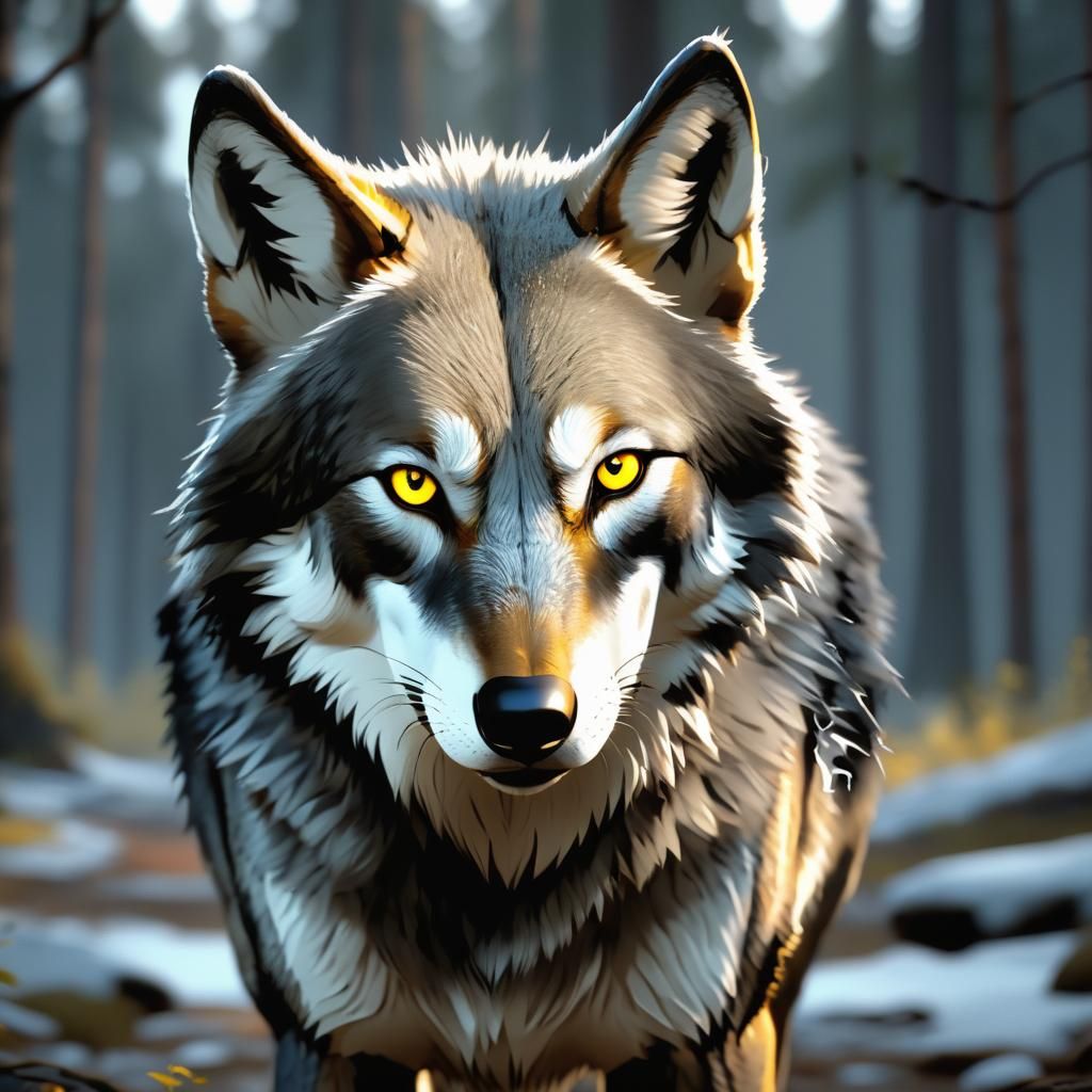 A gorgeous yellow eyed grey wolf staring at the camera Unrea...