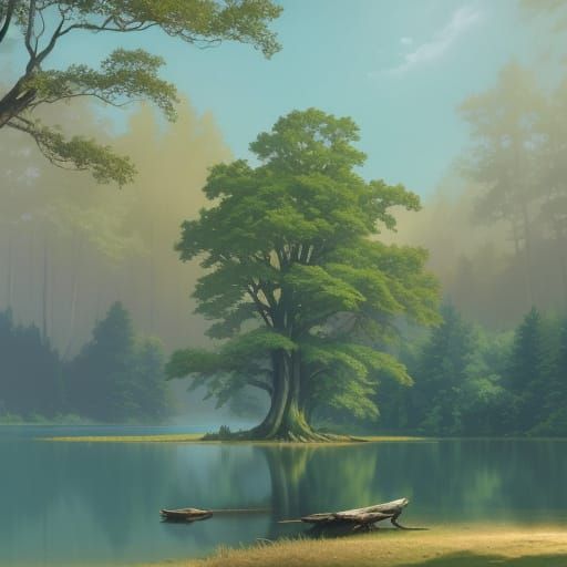 Tree by Lake in Comic Book Art Style