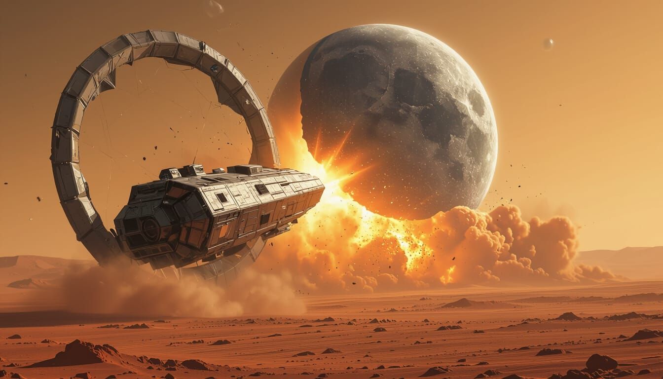 Moon Fragment Impacts Mars in Sci-Fi Style