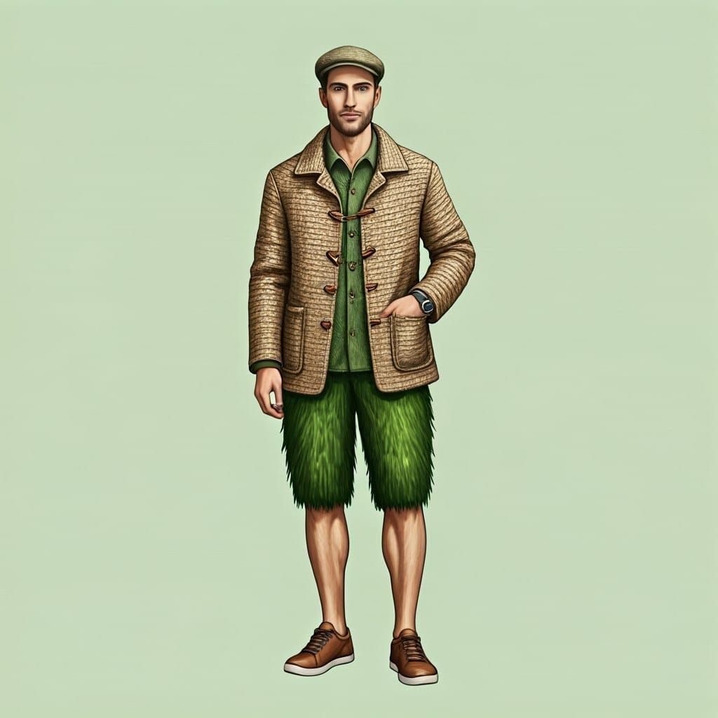 Men's fashion of the future: Very handsome, tall man, dressed in a casual, naturalistic way, with a jacket made of sisal...