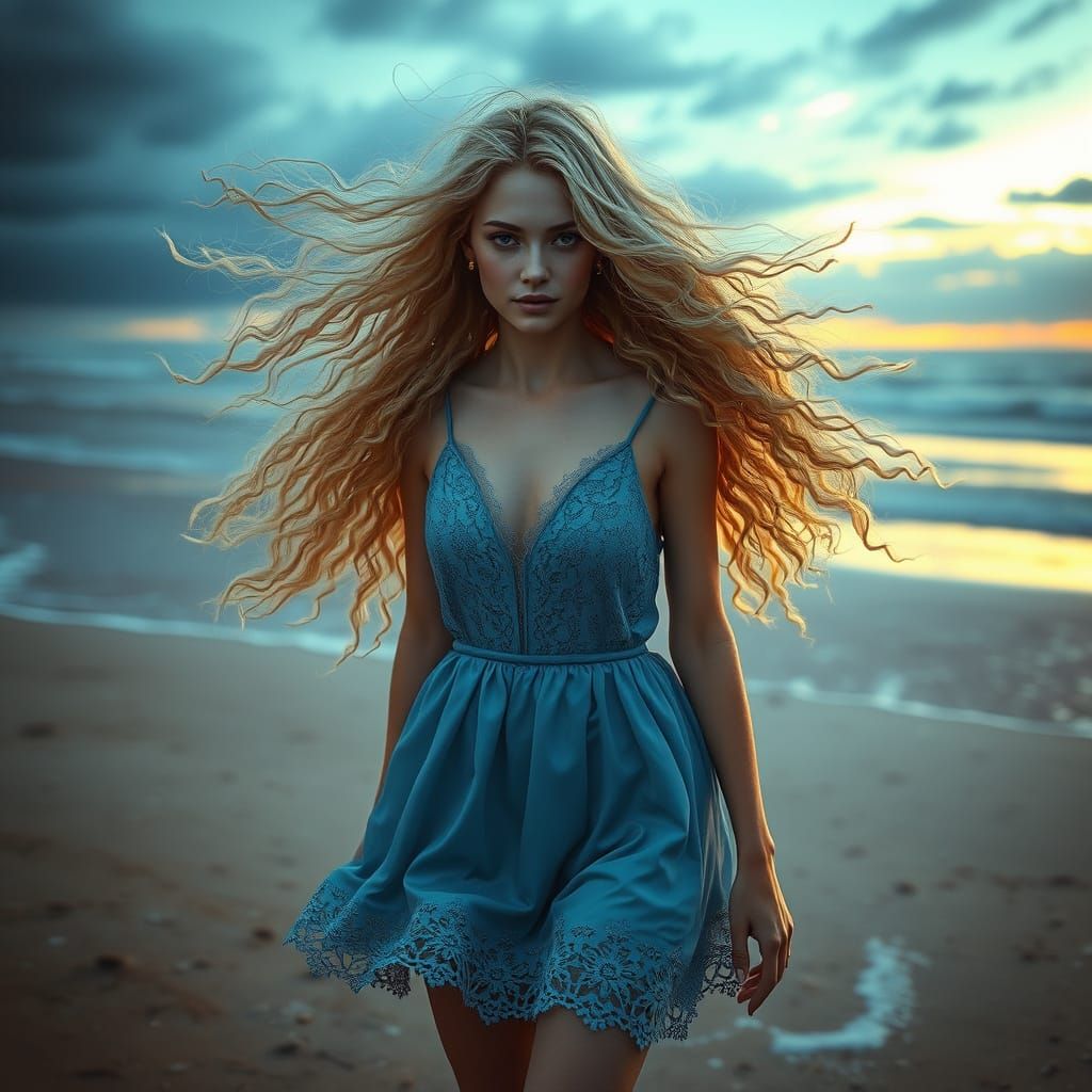 Stormy Morning Goddess in Elegant Blue Silk