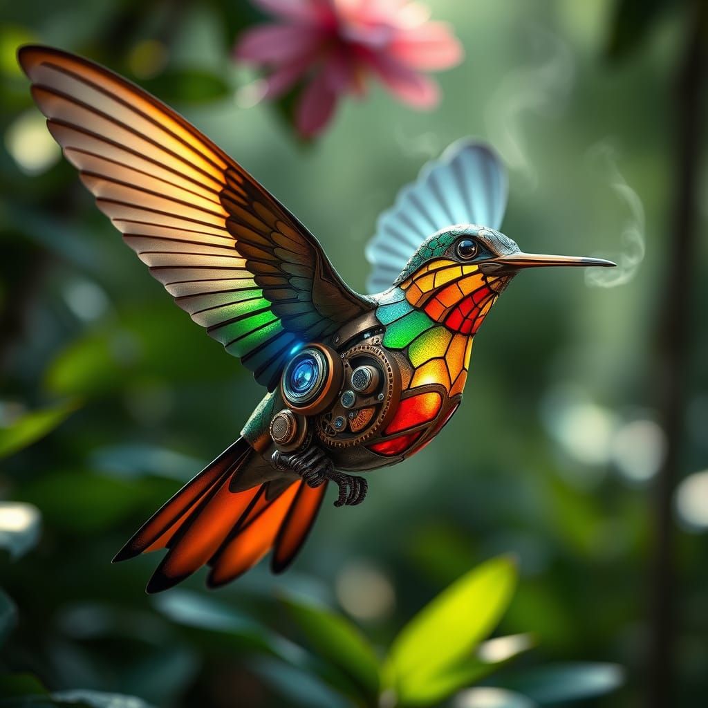 Steampunk Hummingbird's Mechanical Elegance in Jungle