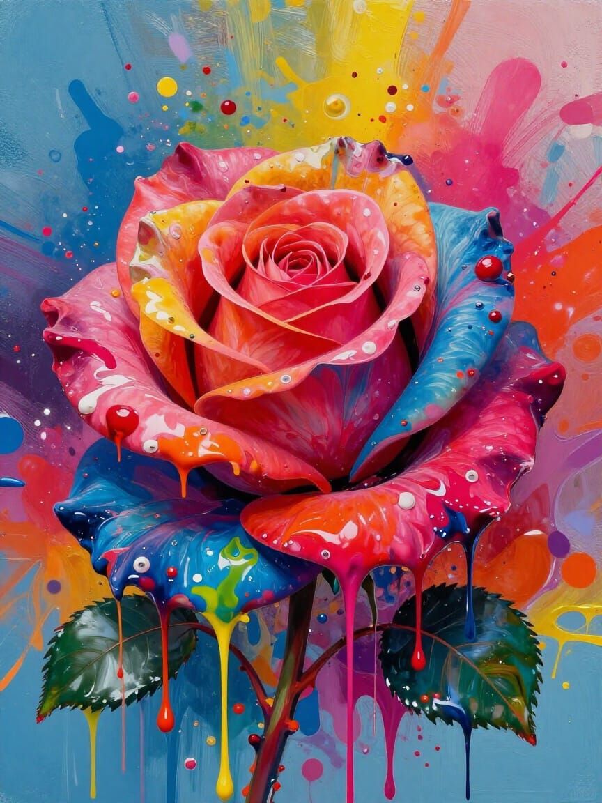 Vibrant Rose With Dripping Liquid Colors