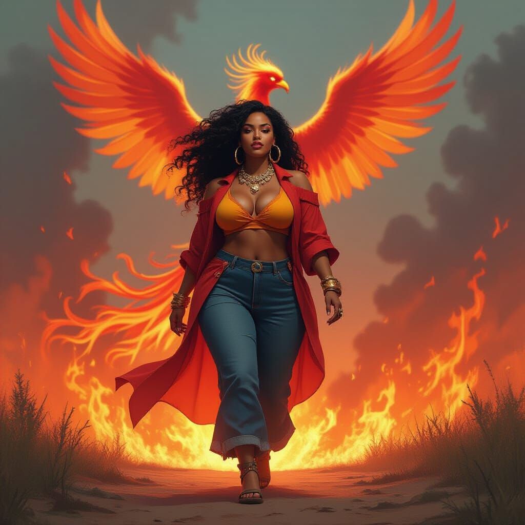 Dominican Woman Walking Through Flames with Phoenix