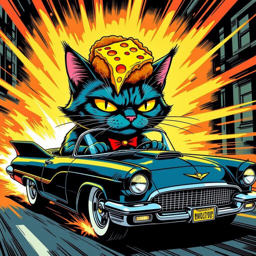 Thug Cat Alien Drives Batmobile with Chicken & Cheese