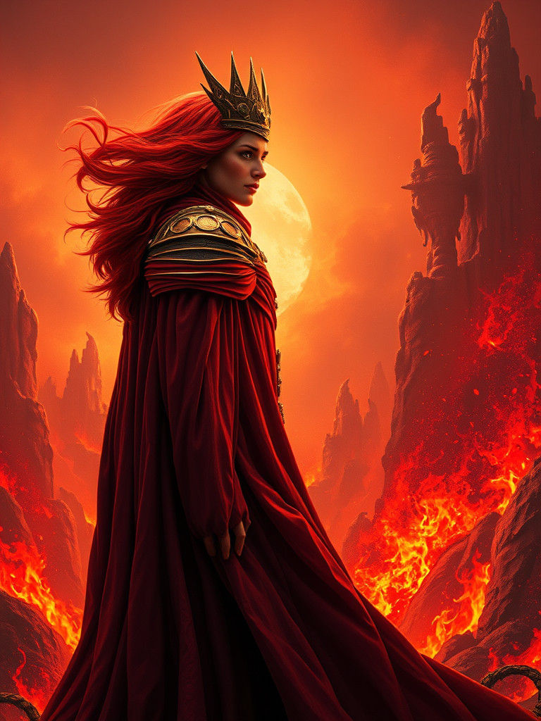 Fiery Red-Haired Figure in Hellish Landscape