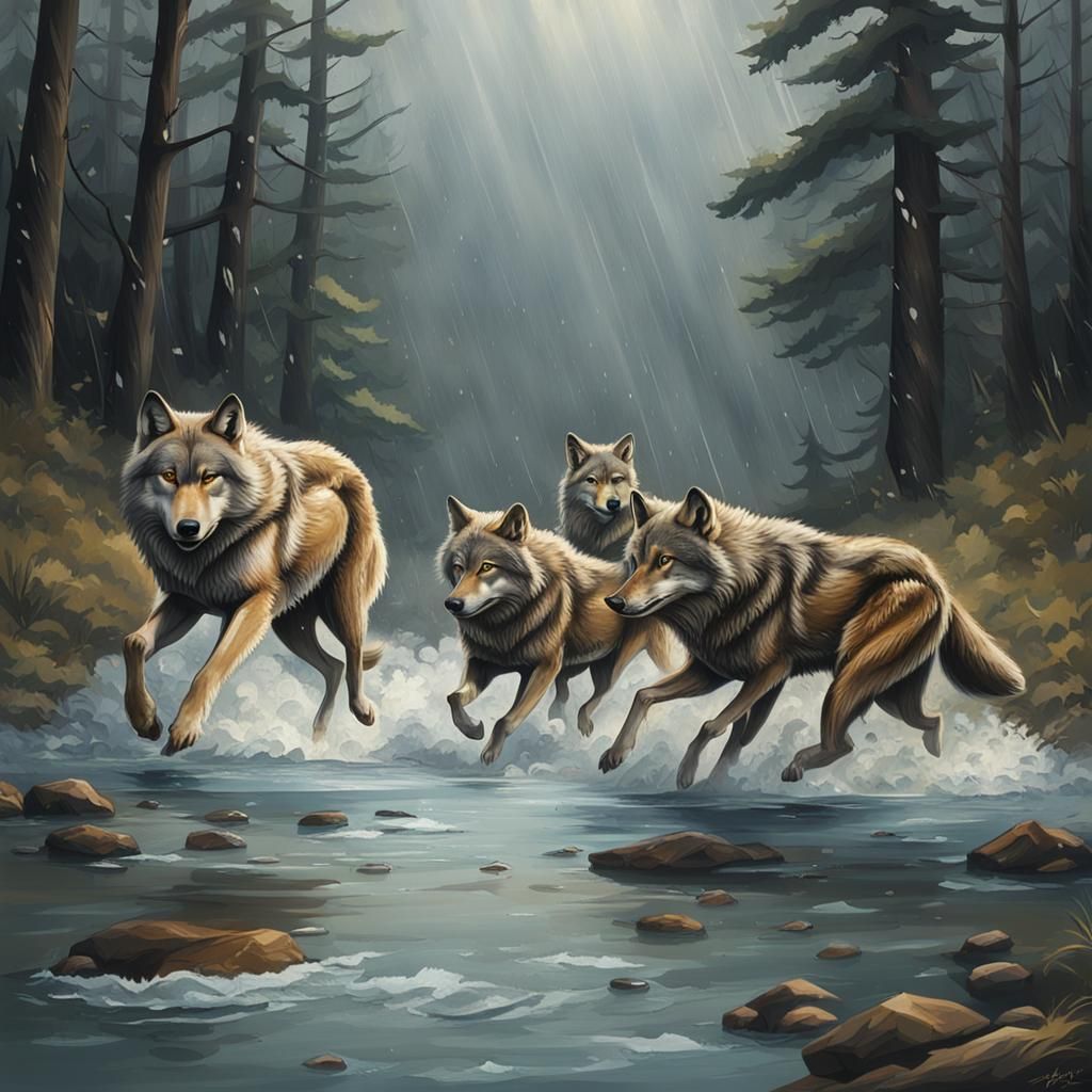 Wolves Hunting Deer in Rainy River: 10K Realism