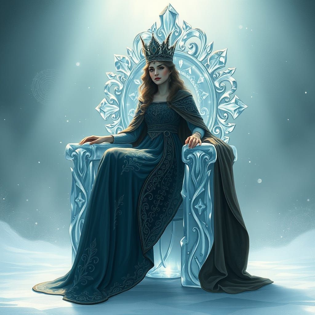Regal Woman on an Ice Throne, Whimsical Illustration