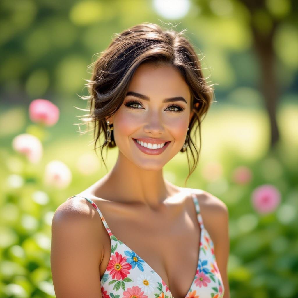 Joyful Woman with Pixie Cut in Summer Park