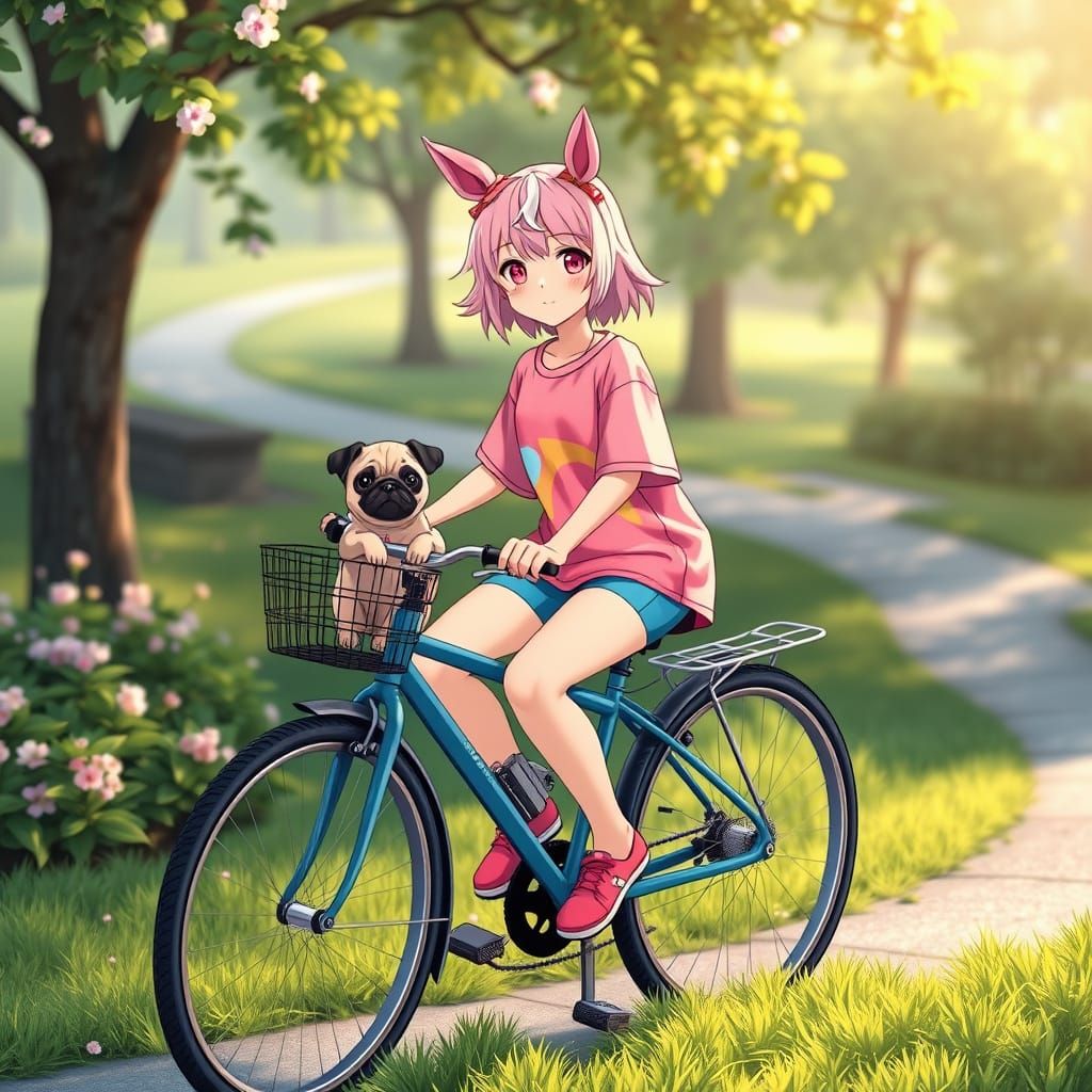 Adorable Anime Girl Sits on Bike in Whimsical Park Scene