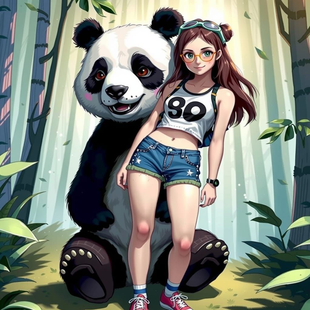 Playful Panda Bear Companion in Whimsical Summer Scene