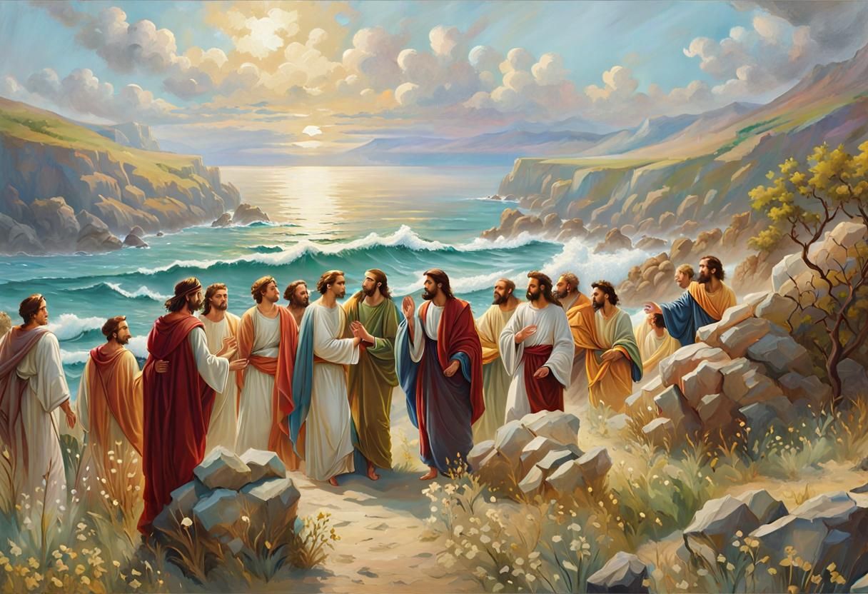 Jesus and Apostles Seascape in Watercolor Illustration