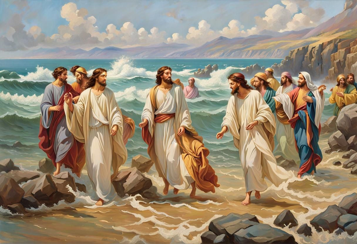 Jesus and Apostles Seascape in Watercolor Style