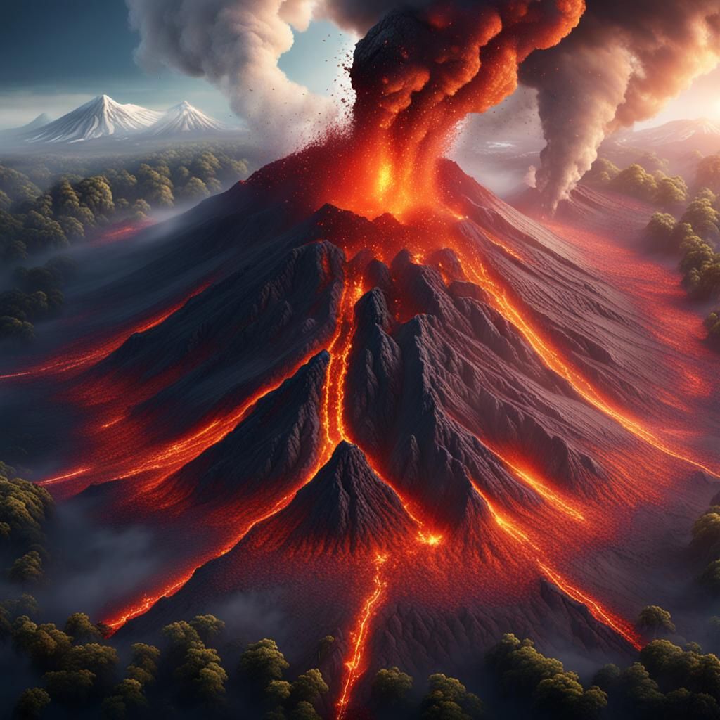 Erupting Volcano Aerial View: Detailed Matte Painting
