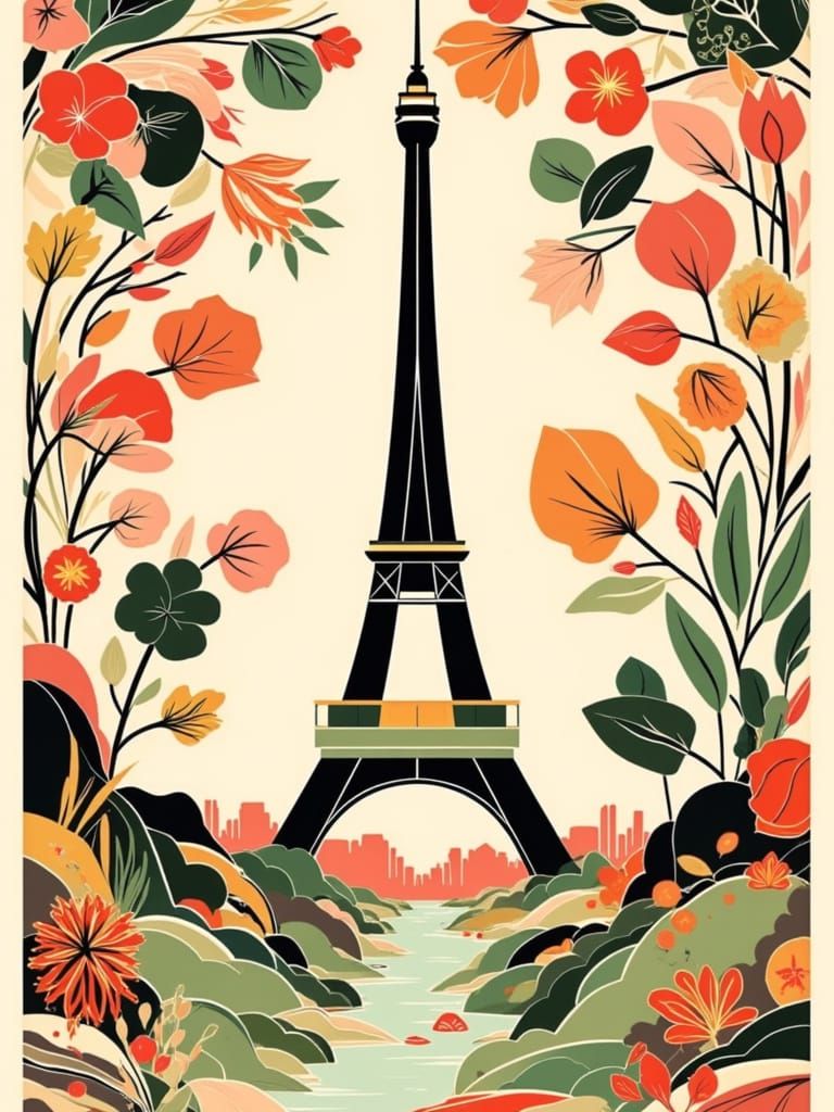 Vibrant Eiffel Tower Illustration in Mid-Century Modern Styl...