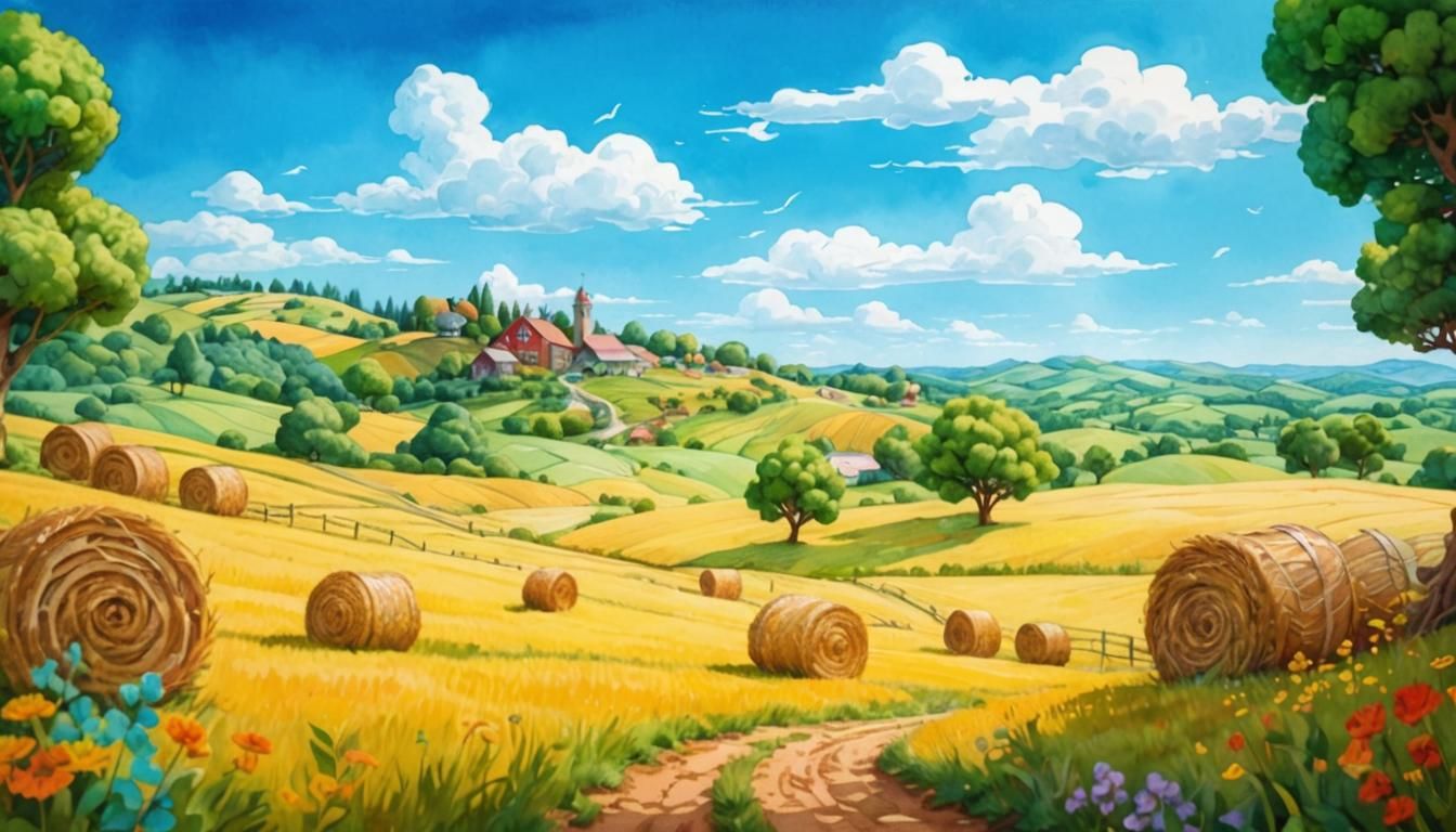 Whimsical Watercolor Farm in Abstract Expressionism