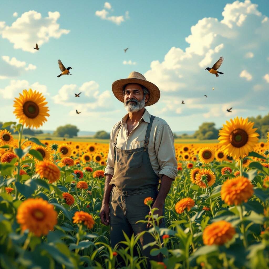 Farmer in Lush Fields: Matte Painting Style