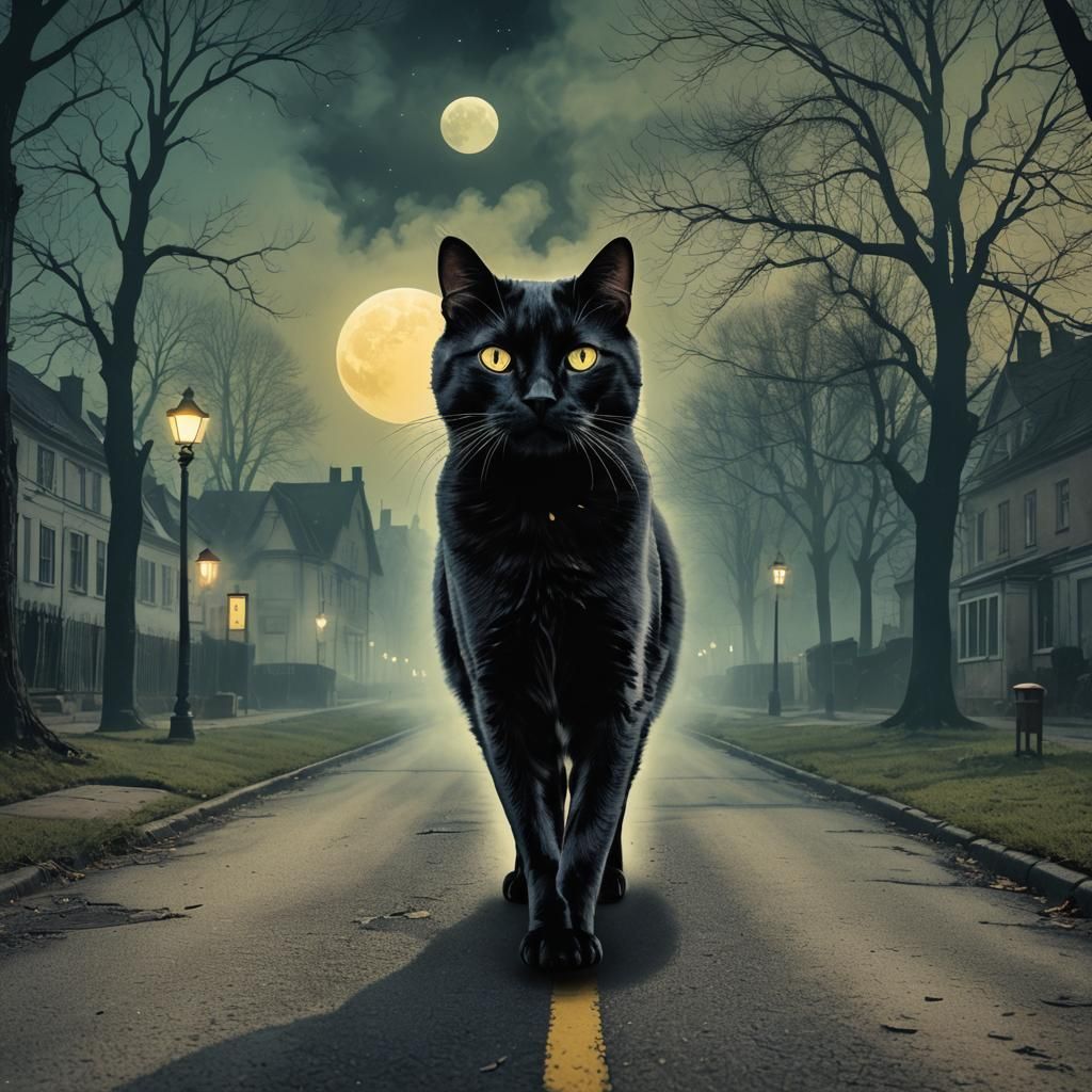Black Cat in Moonlit Field: Pop Art Digital Illustration