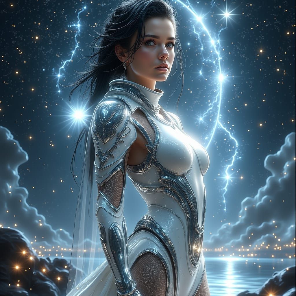 Astra: Confident Sci-Fi Heroine in Cosmic Setting