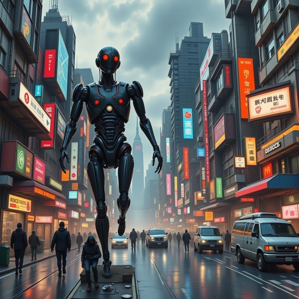 Robot Rampage in Futuristic Dystopian Cityscape