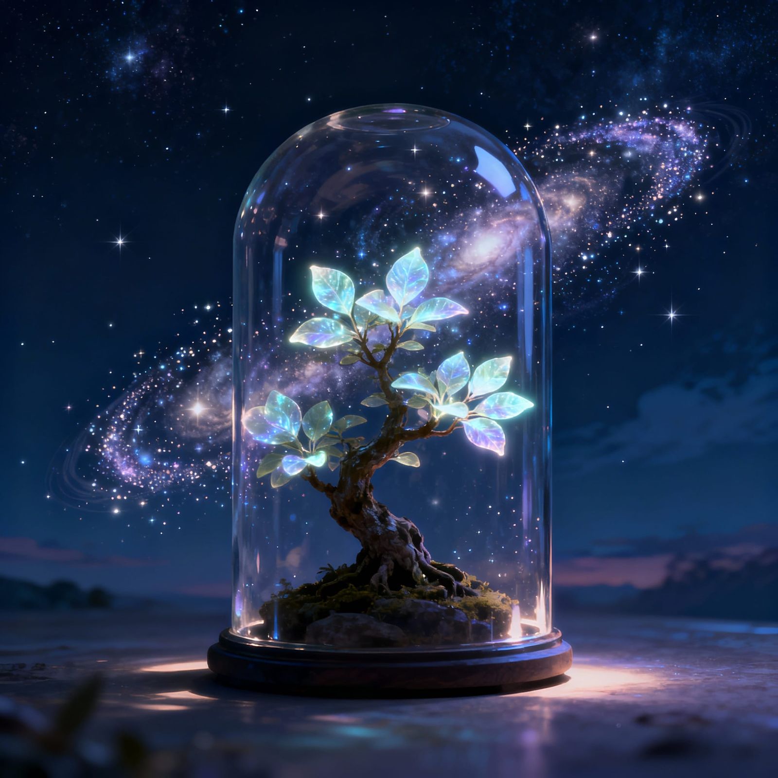 Enchanted Cosmic Bonsai Tree in Glass Dome