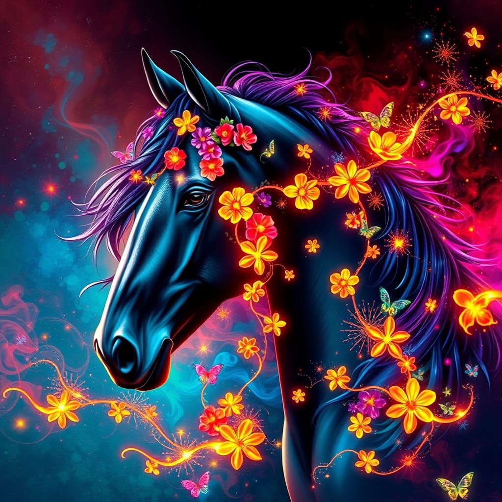 Majestic Horse Portrait with Luminous Floral Vines
