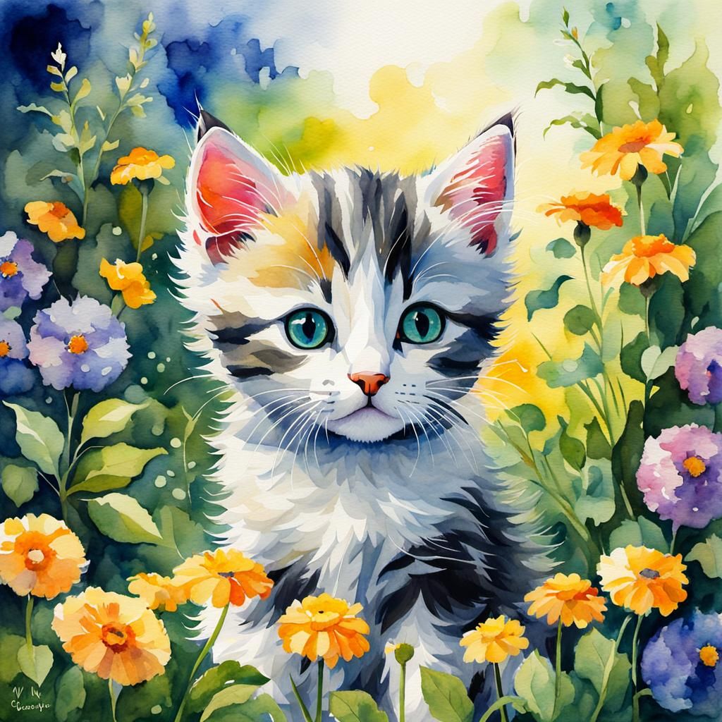 watercolor painting of cute adorable kitten in a garden, dra...