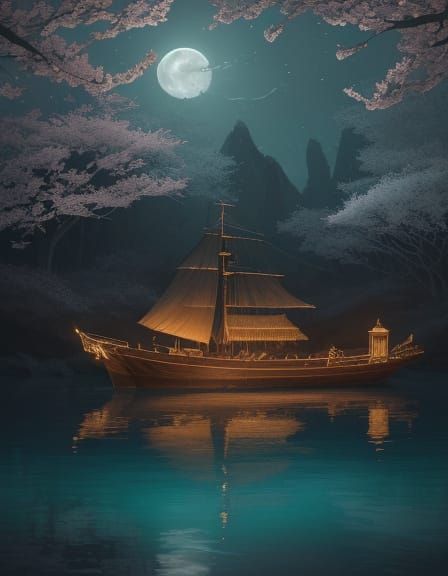 Ethereal Lagoon Scene Under Full Moonlight