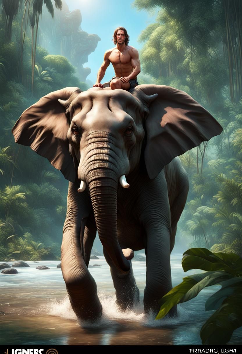 Tarzan Rides an Elephant in Jungle, Cinematic CGI