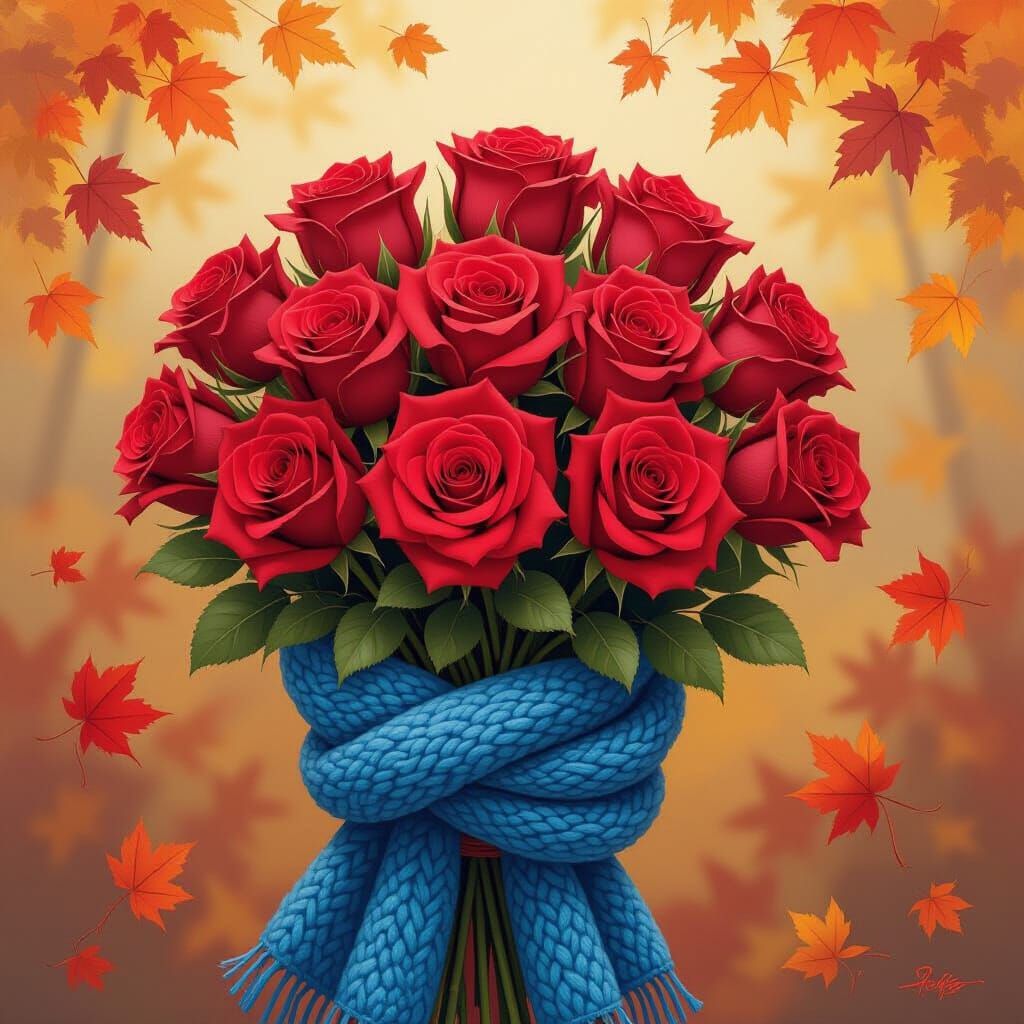 Gouache Painting of Roses in Autumn Leaves