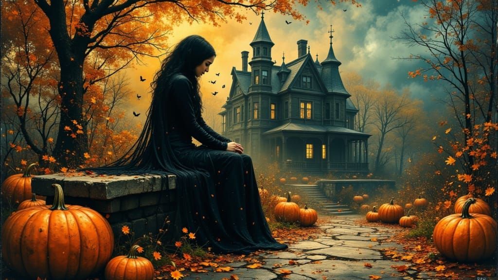 Gothic Autumnal Scene with Jack-o'-Lanterns and Ghostly Mans...