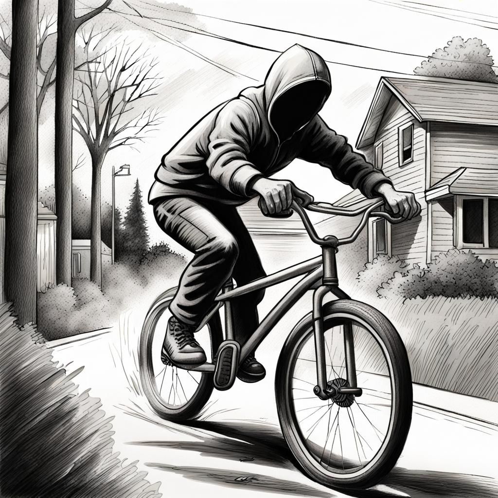 Story book illustration of a young teenager thief scaping  very fast on a bike and about to crash with a car in a suburb...