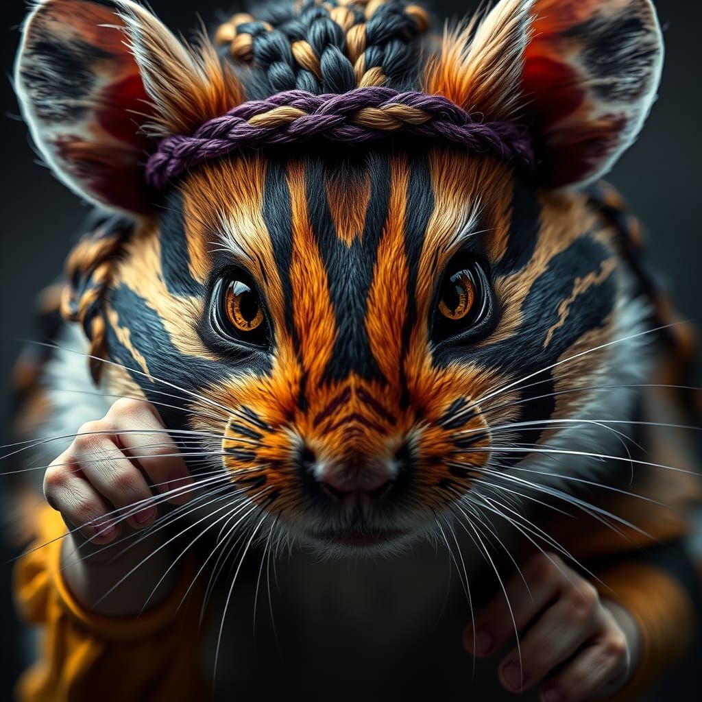 Fierce Warrior Hamster with Braided Hair and Striped Face Pa...