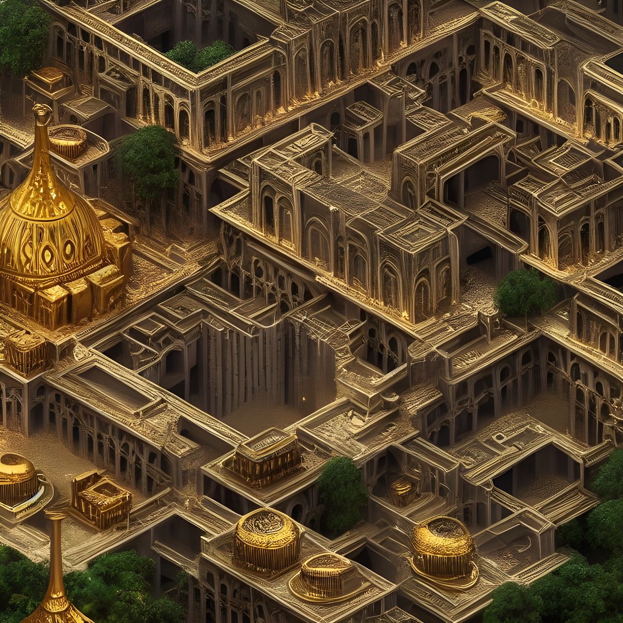 Chrome Zoroastrian Megapolis with Gold Statues, Digital Pain...