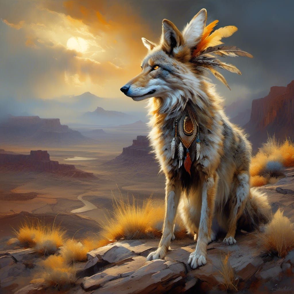 Coyote Trickster with Headdress in Earthy Landscape