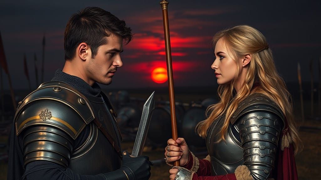 Medieval Lovers Amidst Battle Ruins in a Fiery Sunset