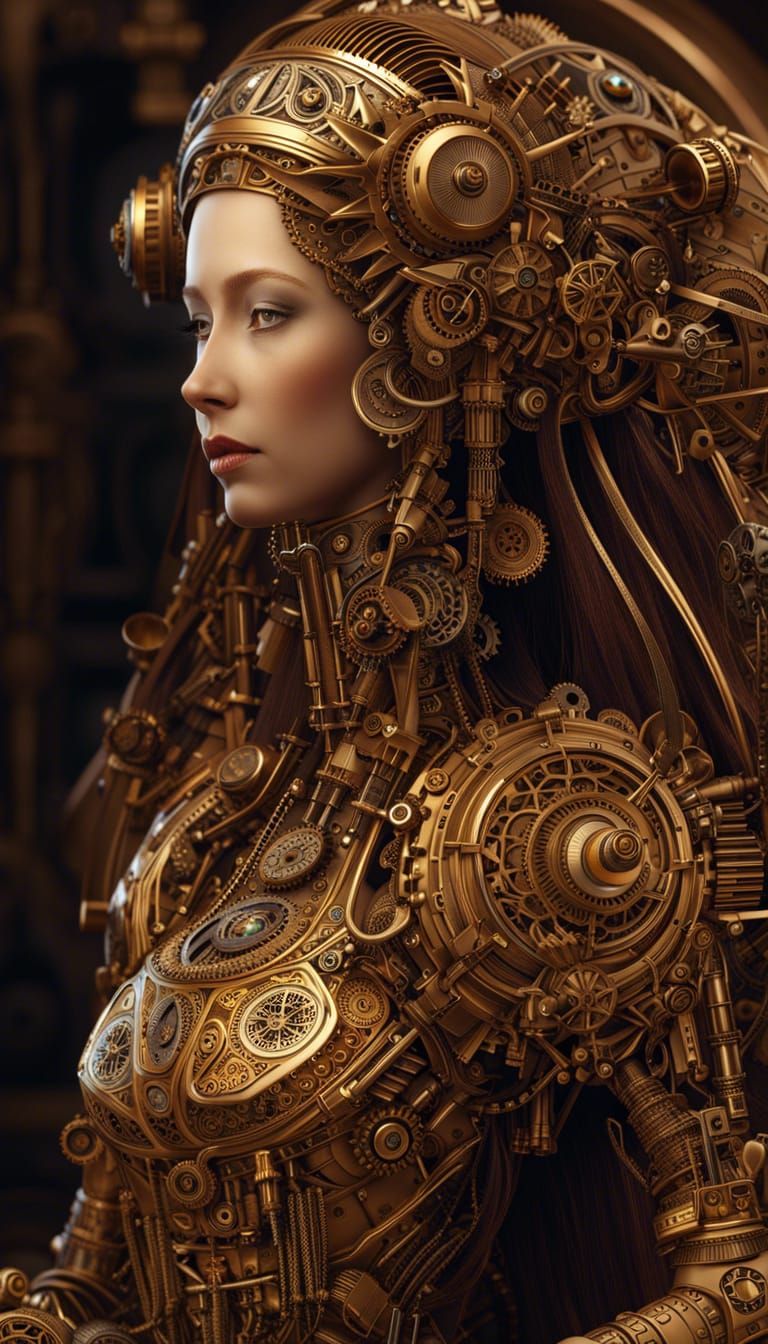3D interpretation of a beautiful mechanical steampunk woman,...