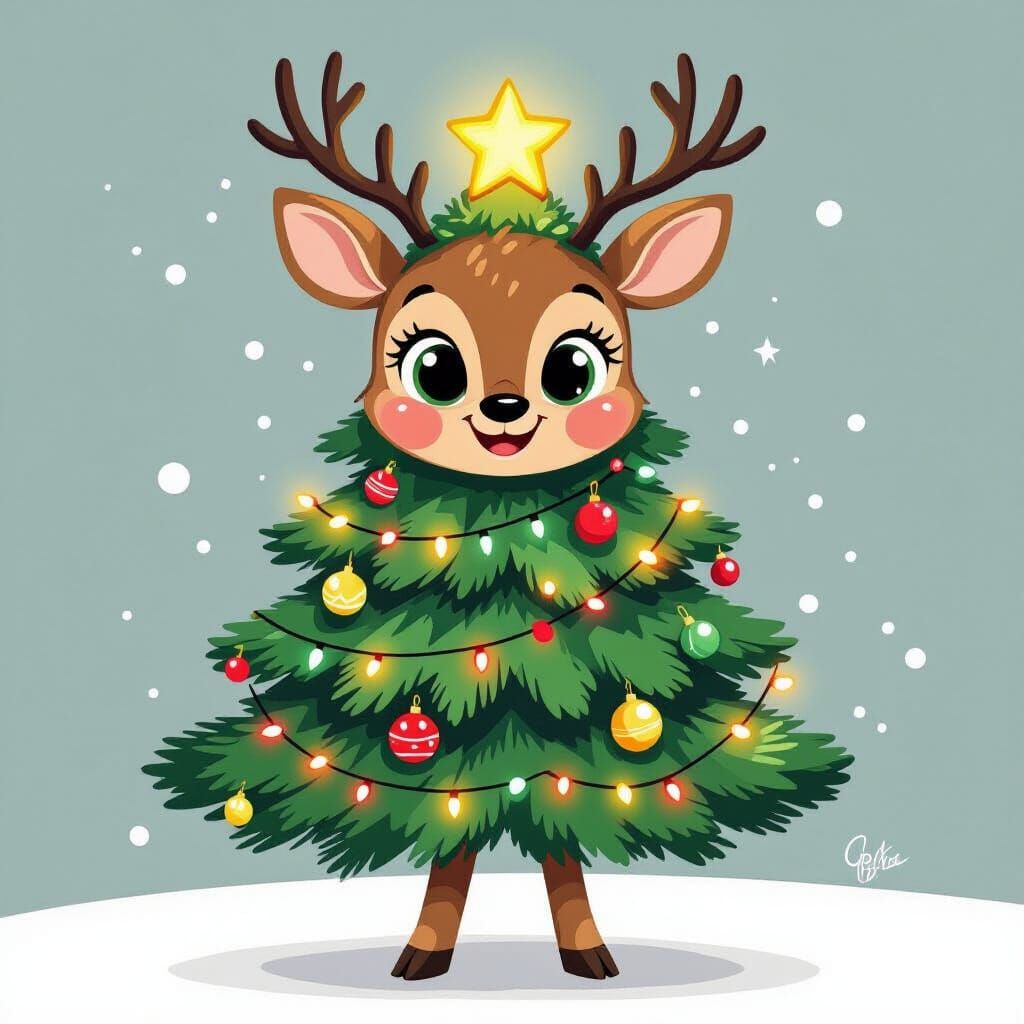 Cartoon Deer Disguised as Christmas Tree