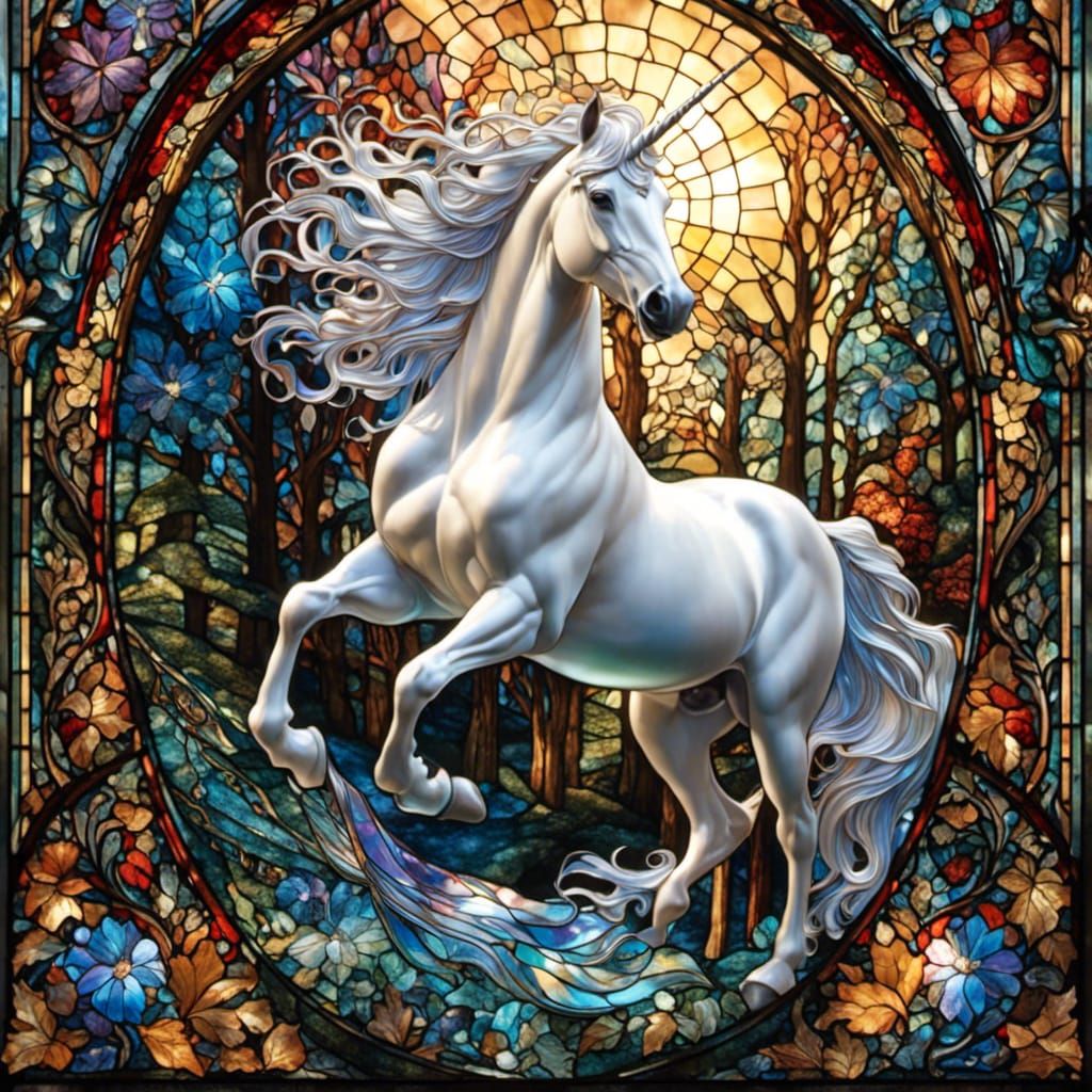 Iridescent Stained Glass Christmas Unicorn in Fantasy Style