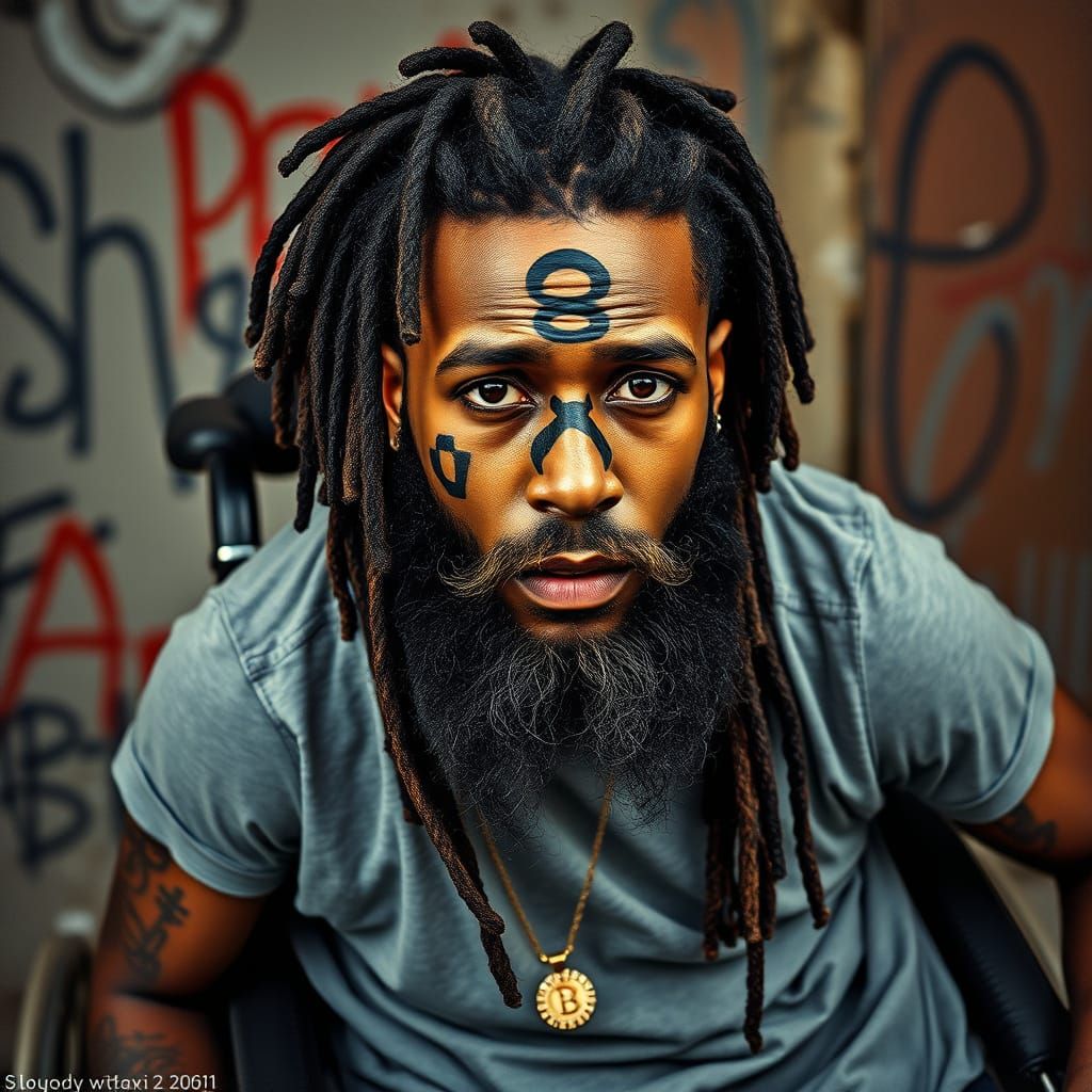 Man in a Wheelchair with Bold Tattoo and Dreadlocks