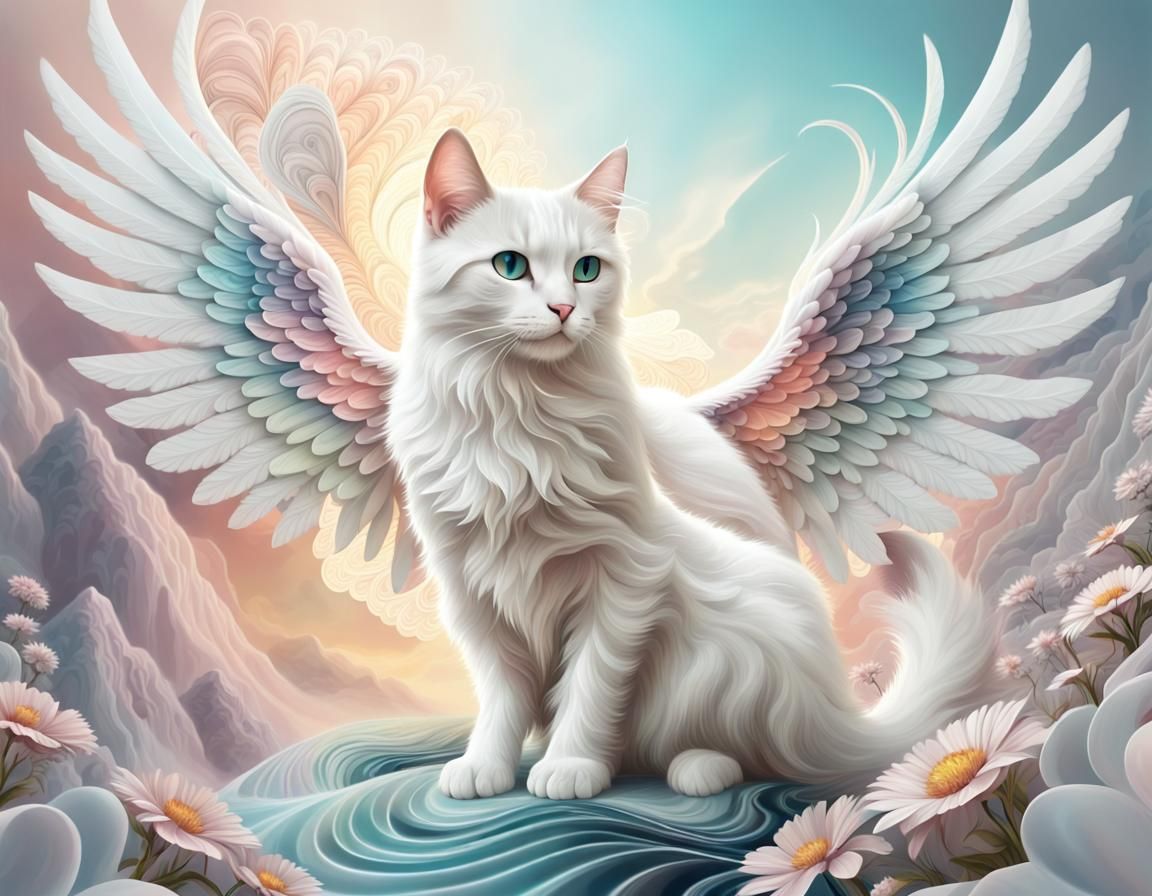 White Cat with Angel Wings in Ethereal Landscape