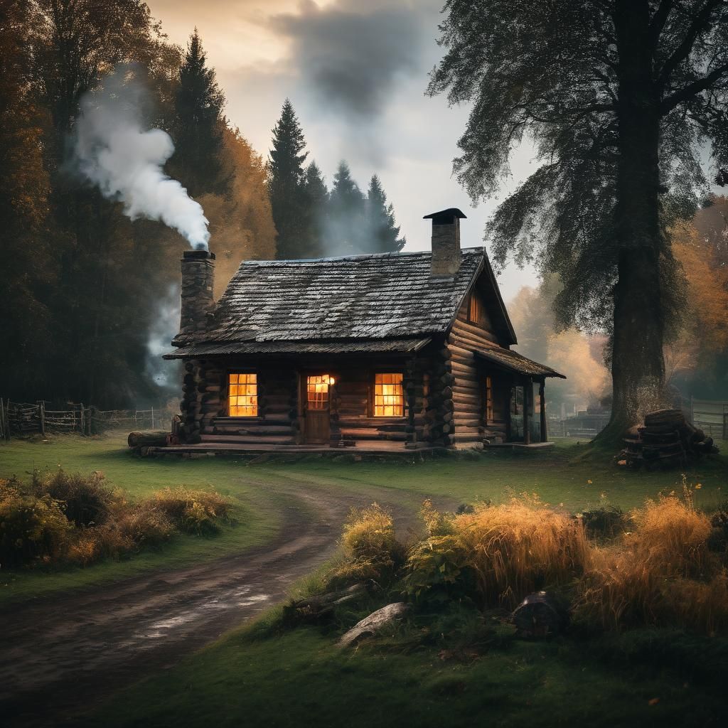Autumnal Log Cabin in Countryside Landscape