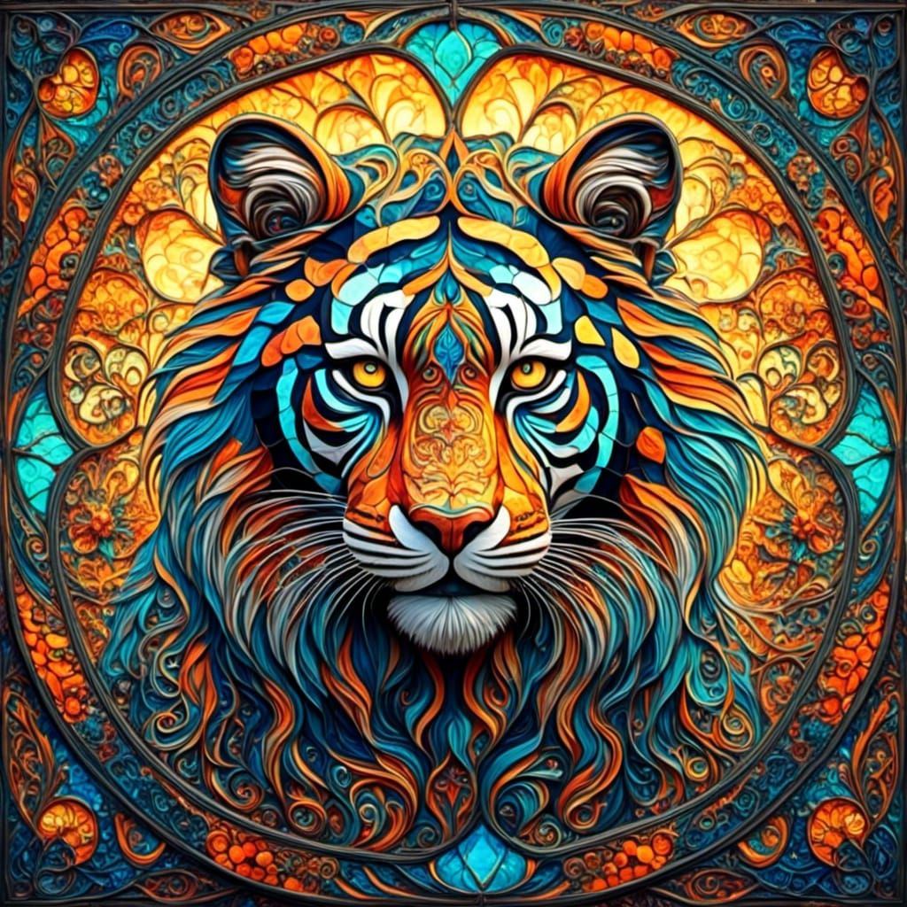 Stained Glass Tiger with Mandala and Fractal Designs