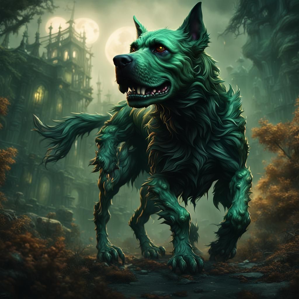 Menacing Dark Green Dog in Detailed Matte Painting